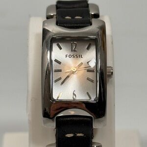 Fossil Silver Tank Watch Black Leather Belt Bracelet Band New Battery